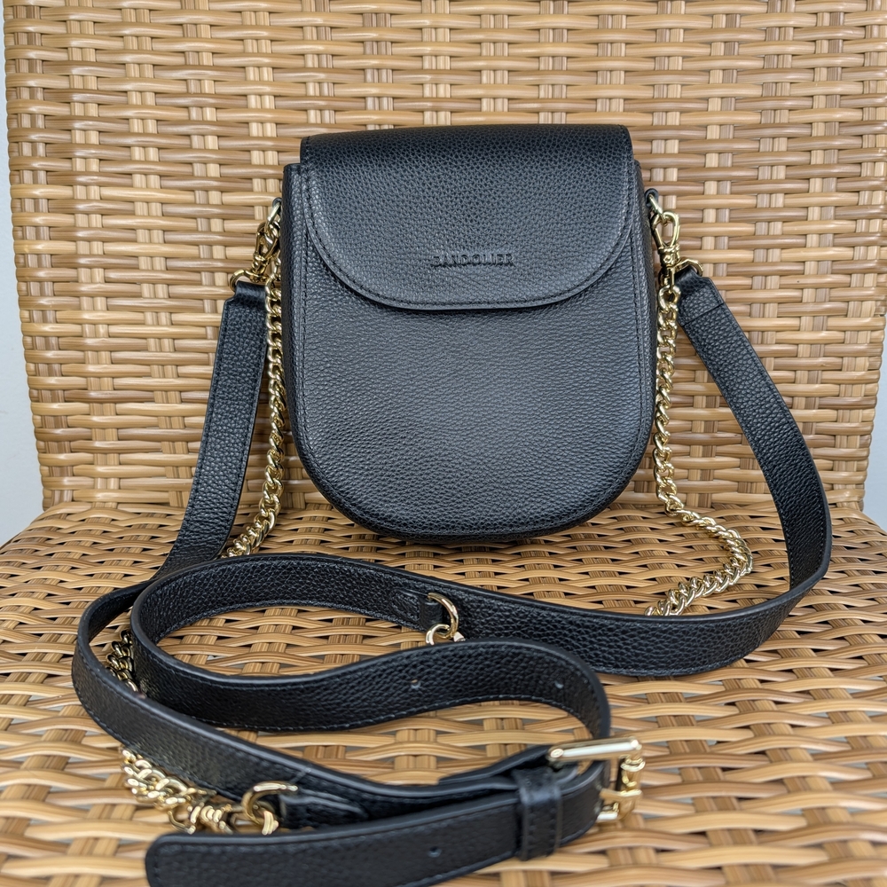 Bandolier Black Pebbled Leather Convertible Crossbody Bag Gold Tone hardware